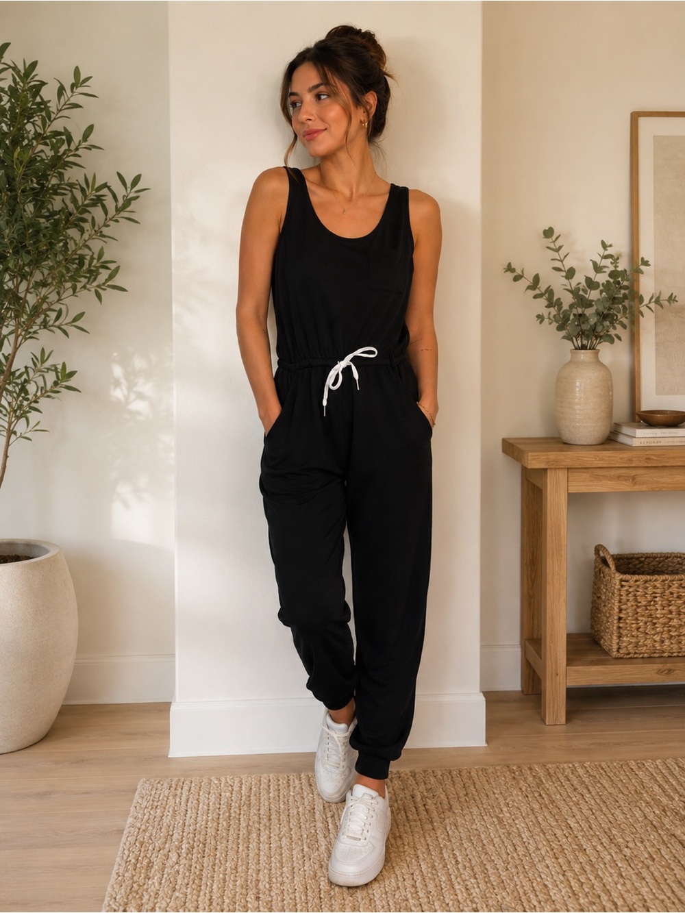 Gilli Black Sleeveless Jogger Jumpsuit Large Drawstring Waist